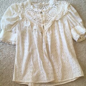 Cottagecore Cream Eyelet Puffed Sleeve Button Down Blouse S
